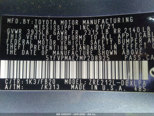 Photo 8 VIN: 5YFVPMAE7MP208925 - TOYOTA COROLLA 