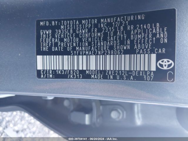 Photo 8 VIN: 5YFVPMAE7NP298062 - TOYOTA COROLLA 