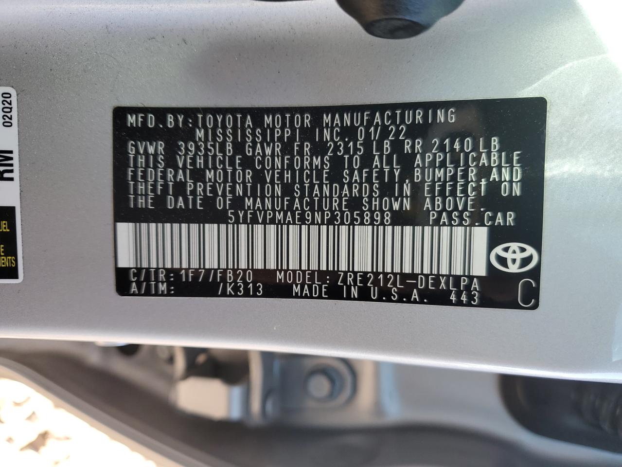 Photo 11 VIN: 5YFVPMAE9NP305898 - TOYOTA COROLLA 