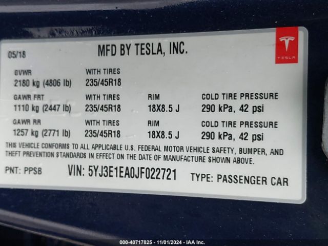 Photo 8 VIN: 5YJ3E1EA0JF022721 - TESLA MODEL 3 