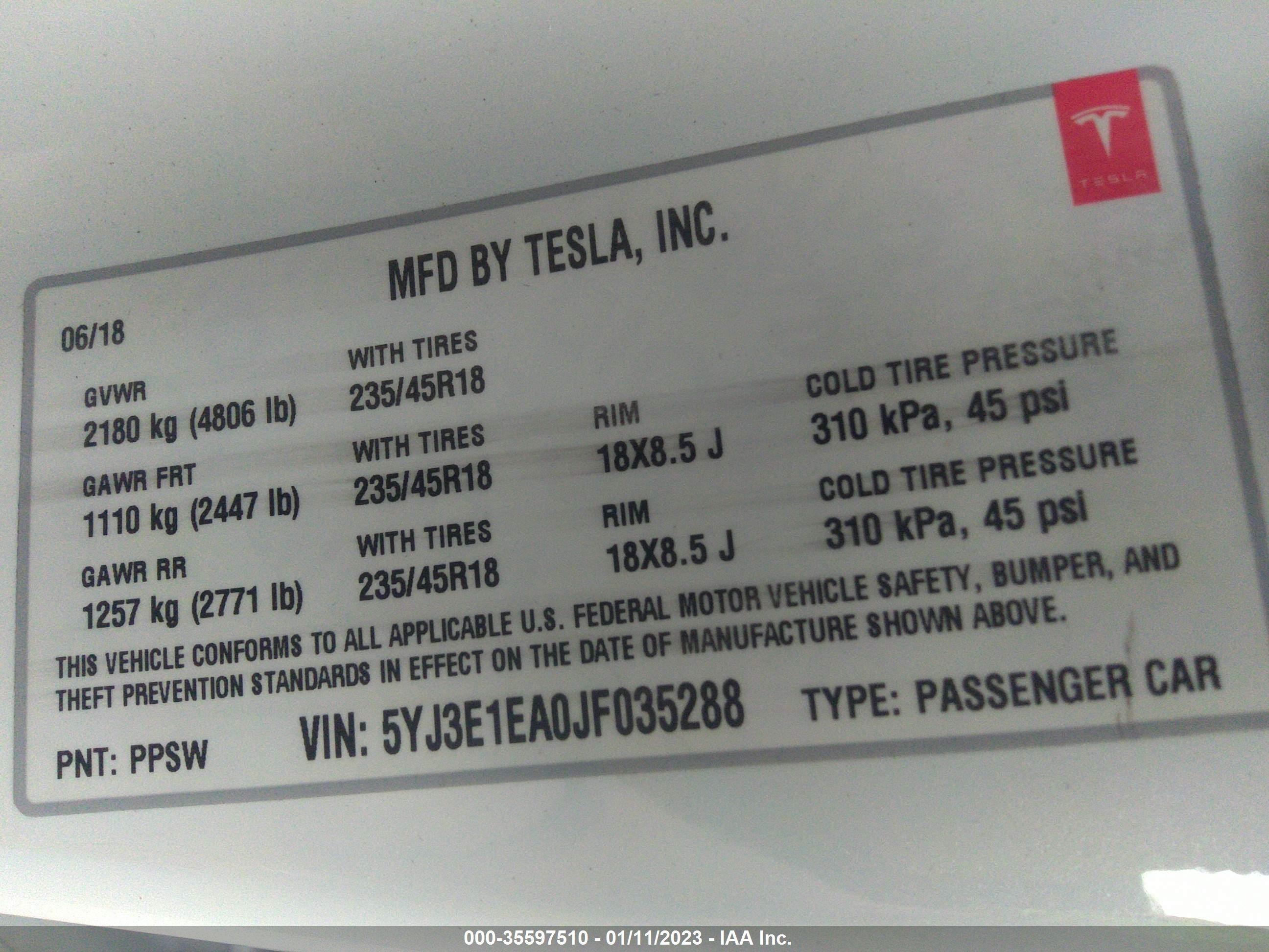 Photo 8 VIN: 5YJ3E1EA0JF035288 - TESLA MODEL 3 