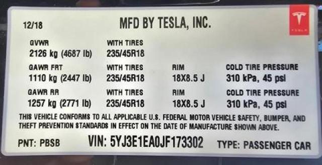 Photo 9 VIN: 5YJ3E1EA0JF173302 - TESLA MODEL 3 