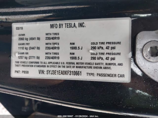 Photo 8 VIN: 5YJ3E1EA0KF310661 - TESLA MODEL 3 