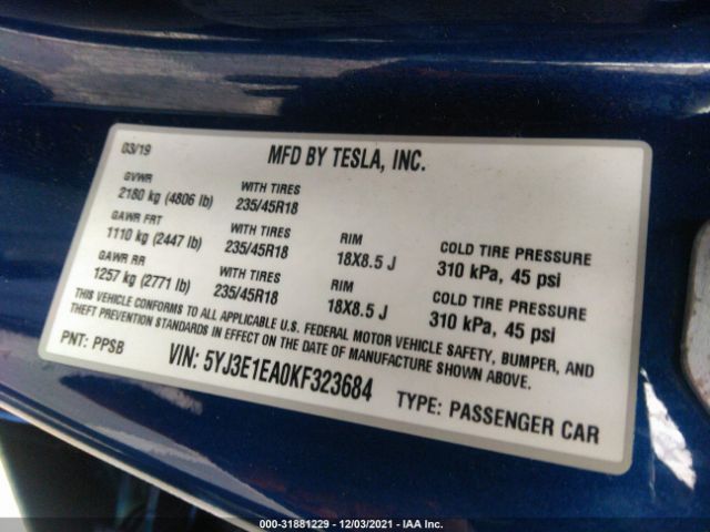 Photo 8 VIN: 5YJ3E1EA0KF323684 - TESLA MODEL 3 