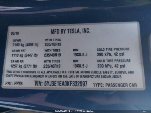 Photo 8 VIN: 5YJ3E1EA0KF332997 - TESLA MODEL 3 