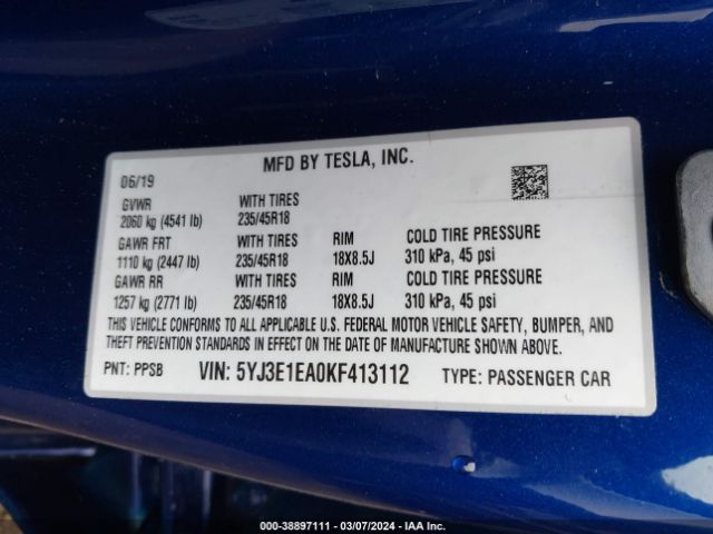 Photo 8 VIN: 5YJ3E1EA0KF413112 - TESLA MODEL 3 