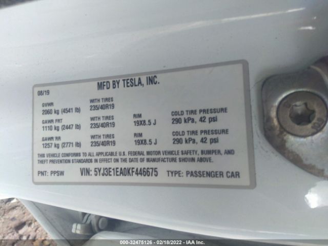 Photo 8 VIN: 5YJ3E1EA0KF446675 - TESLA MODEL 3 