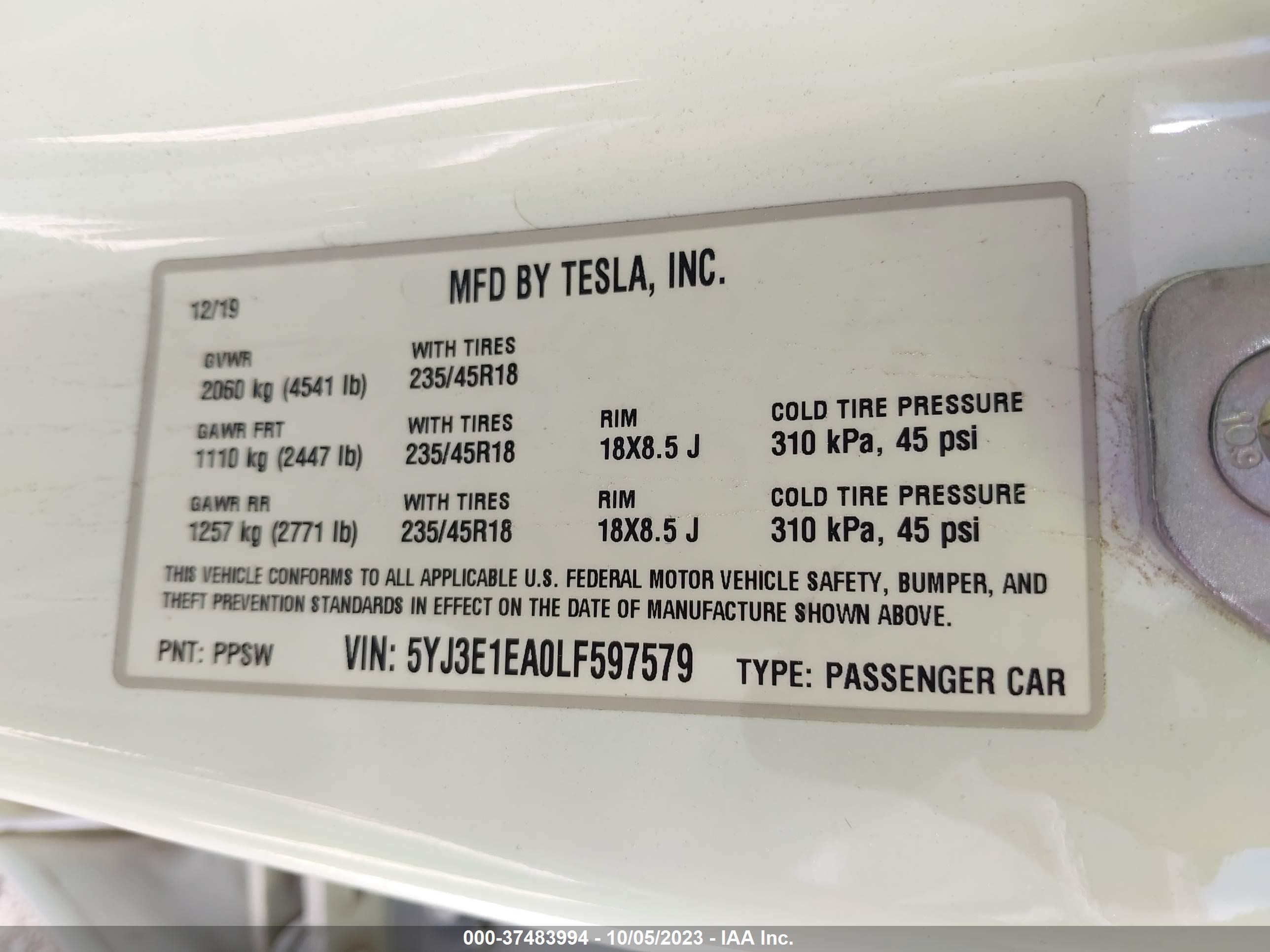 Photo 8 VIN: 5YJ3E1EA0LF597579 - TESLA MODEL 3 