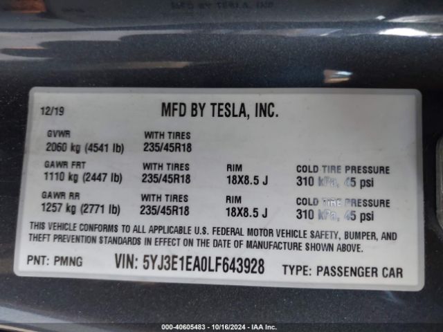 Photo 8 VIN: 5YJ3E1EA0LF643928 - TESLA MODEL 3 