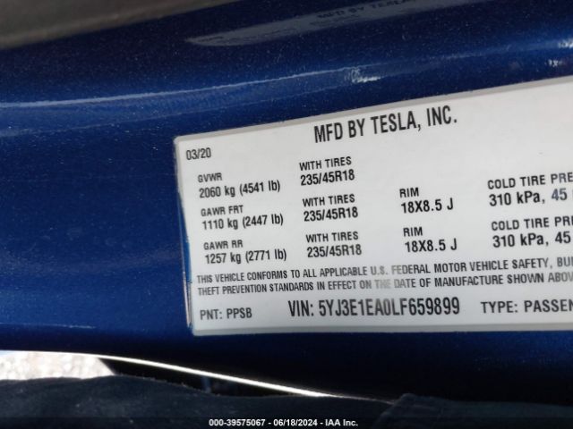 Photo 8 VIN: 5YJ3E1EA0LF659899 - TESLA MODEL 3 