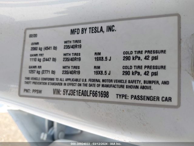 Photo 8 VIN: 5YJ3E1EA0LF661698 - TESLA MODEL 3 