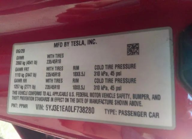 Photo 8 VIN: 5YJ3E1EA0LF738280 - TESLA MODEL 3 