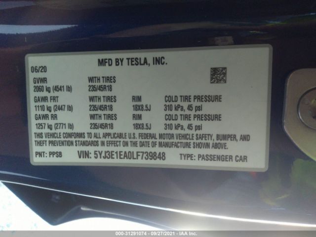 Photo 8 VIN: 5YJ3E1EA0LF739848 - TESLA MODEL 3 