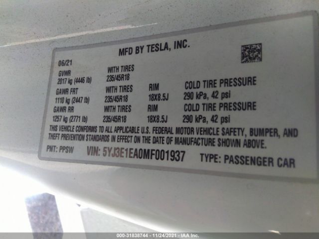 Photo 8 VIN: 5YJ3E1EA0MF001937 - TESLA MODEL 3 