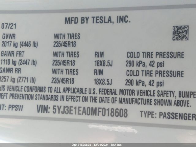 Photo 8 VIN: 5YJ3E1EA0MF018608 - TESLA MODEL 3 