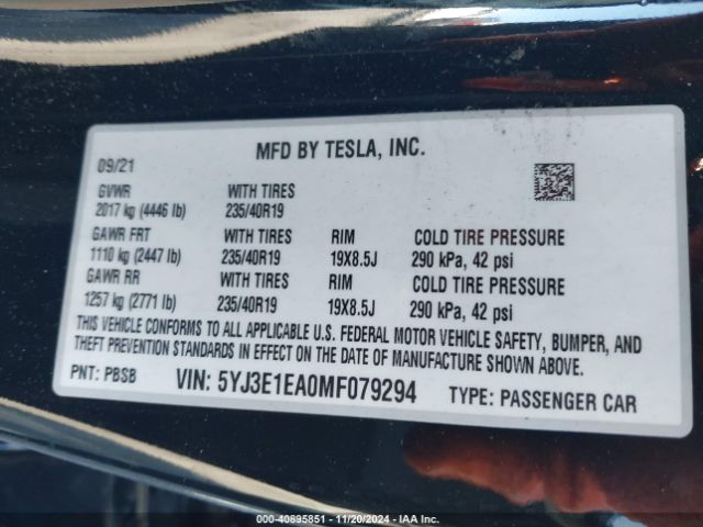 Photo 8 VIN: 5YJ3E1EA0MF079294 - TESLA MODEL 3 