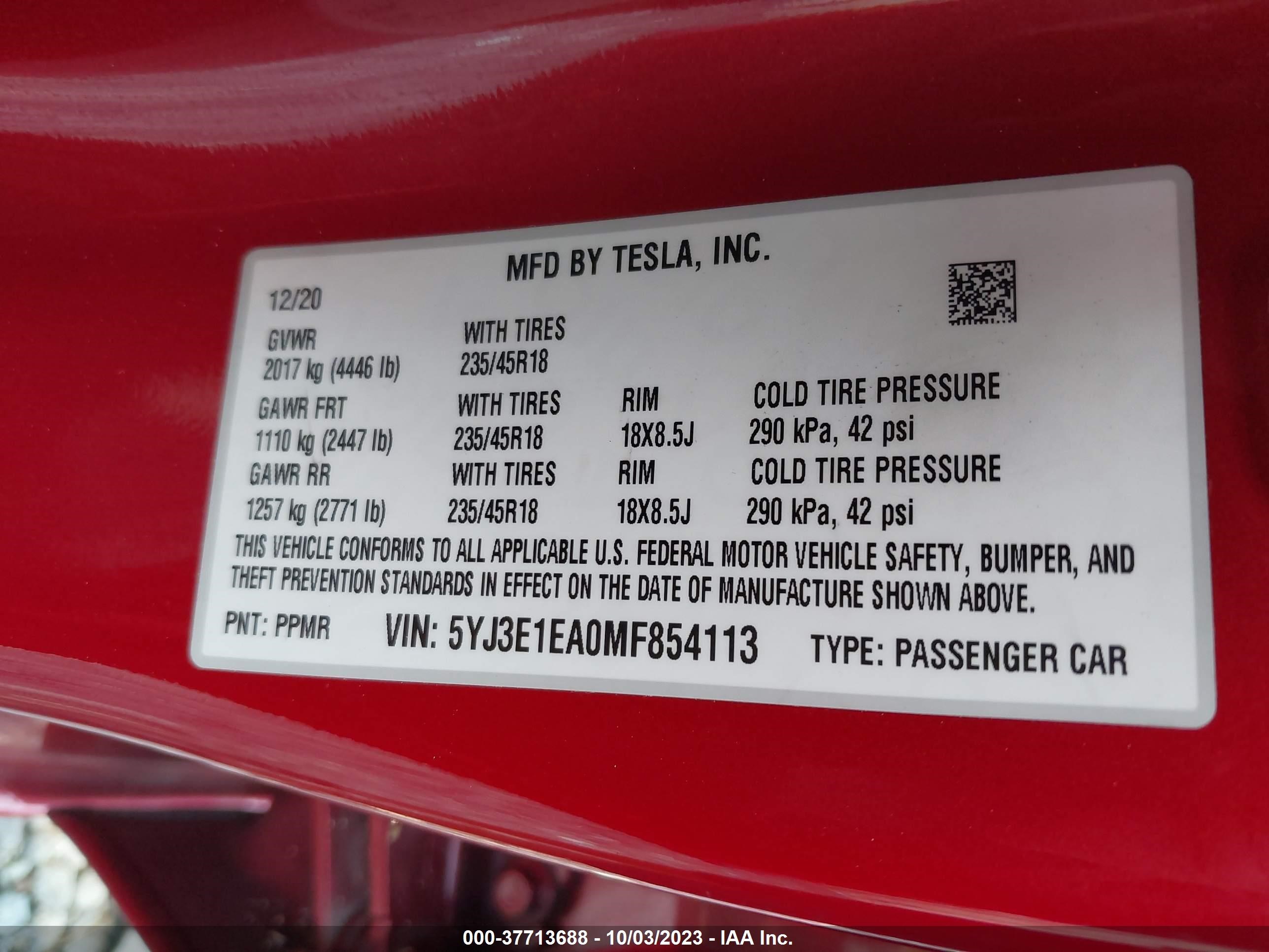 Photo 8 VIN: 5YJ3E1EA0MF854113 - TESLA MODEL 3 