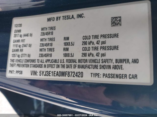 Photo 8 VIN: 5YJ3E1EA0MF872420 - TESLA MODEL 3 