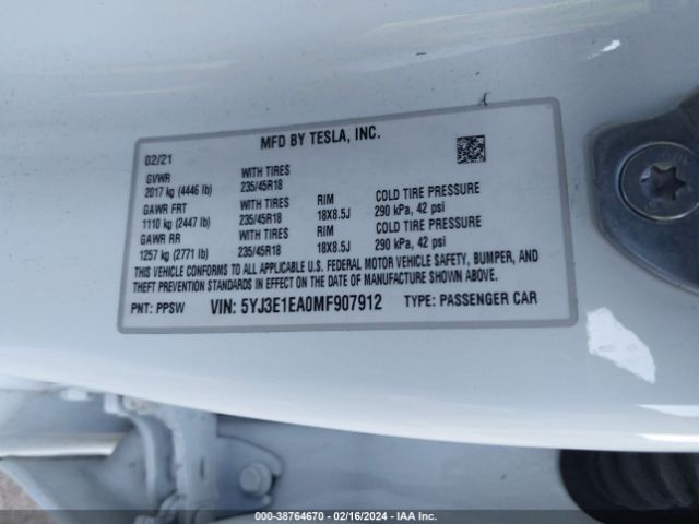 Photo 8 VIN: 5YJ3E1EA0MF907912 - TESLA MODEL 3 