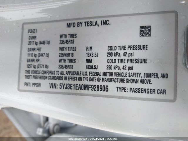 Photo 8 VIN: 5YJ3E1EA0MF928906 - TESLA MODEL 3 