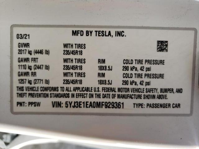 Photo 9 VIN: 5YJ3E1EA0MF929361 - TESLA MODEL 3 