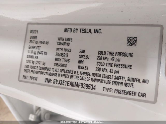 Photo 8 VIN: 5YJ3E1EA0MF939534 - TESLA MODEL 3 