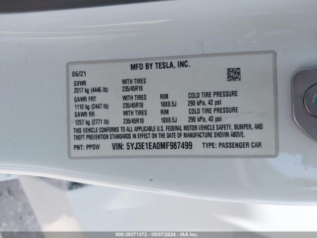 Photo 8 VIN: 5YJ3E1EA0MF987499 - TESLA MODEL 3 