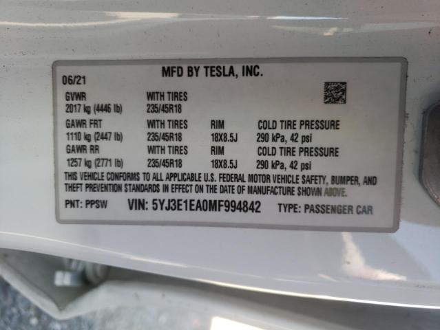 Photo 11 VIN: 5YJ3E1EA0MF994842 - TESLA MODEL 3 