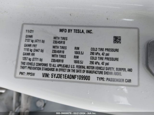 Photo 8 VIN: 5YJ3E1EA0NF109900 - TESLA MODEL 3 