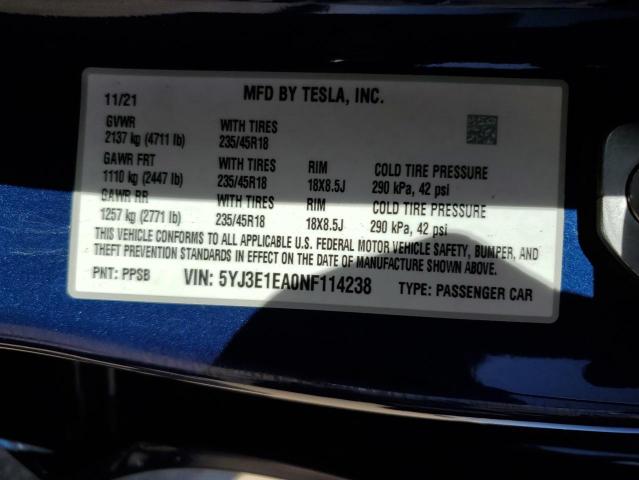 Photo 11 VIN: 5YJ3E1EA0NF114238 - TESLA MODEL 3 