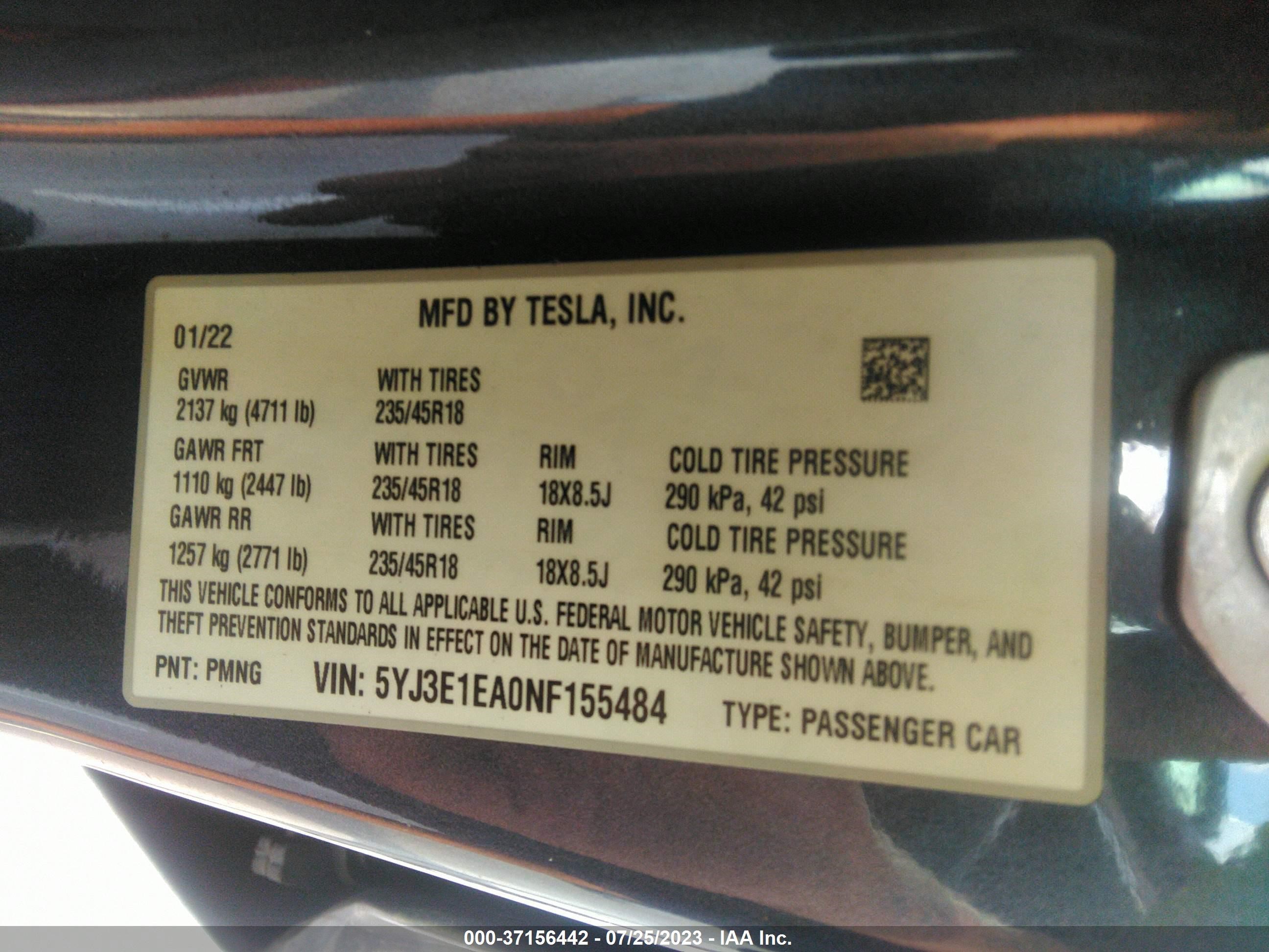 Photo 8 VIN: 5YJ3E1EA0NF155484 - TESLA MODEL 3 