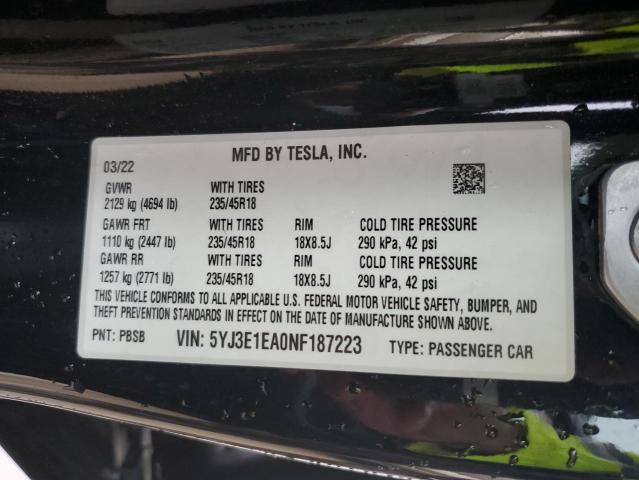 Photo 11 VIN: 5YJ3E1EA0NF187223 - TESLA MODEL 3 