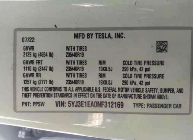 Photo 8 VIN: 5YJ3E1EA0NF312169 - TESLA MODEL 3 