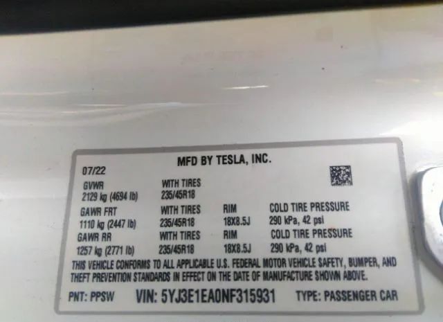 Photo 8 VIN: 5YJ3E1EA0NF315931 - TESLA MODEL 3 