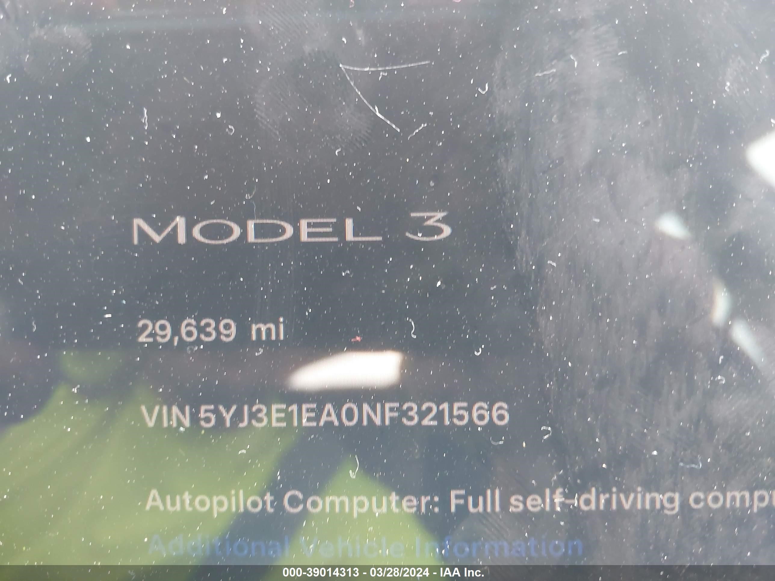 Photo 14 VIN: 5YJ3E1EA0NF321566 - TESLA MODEL 3 