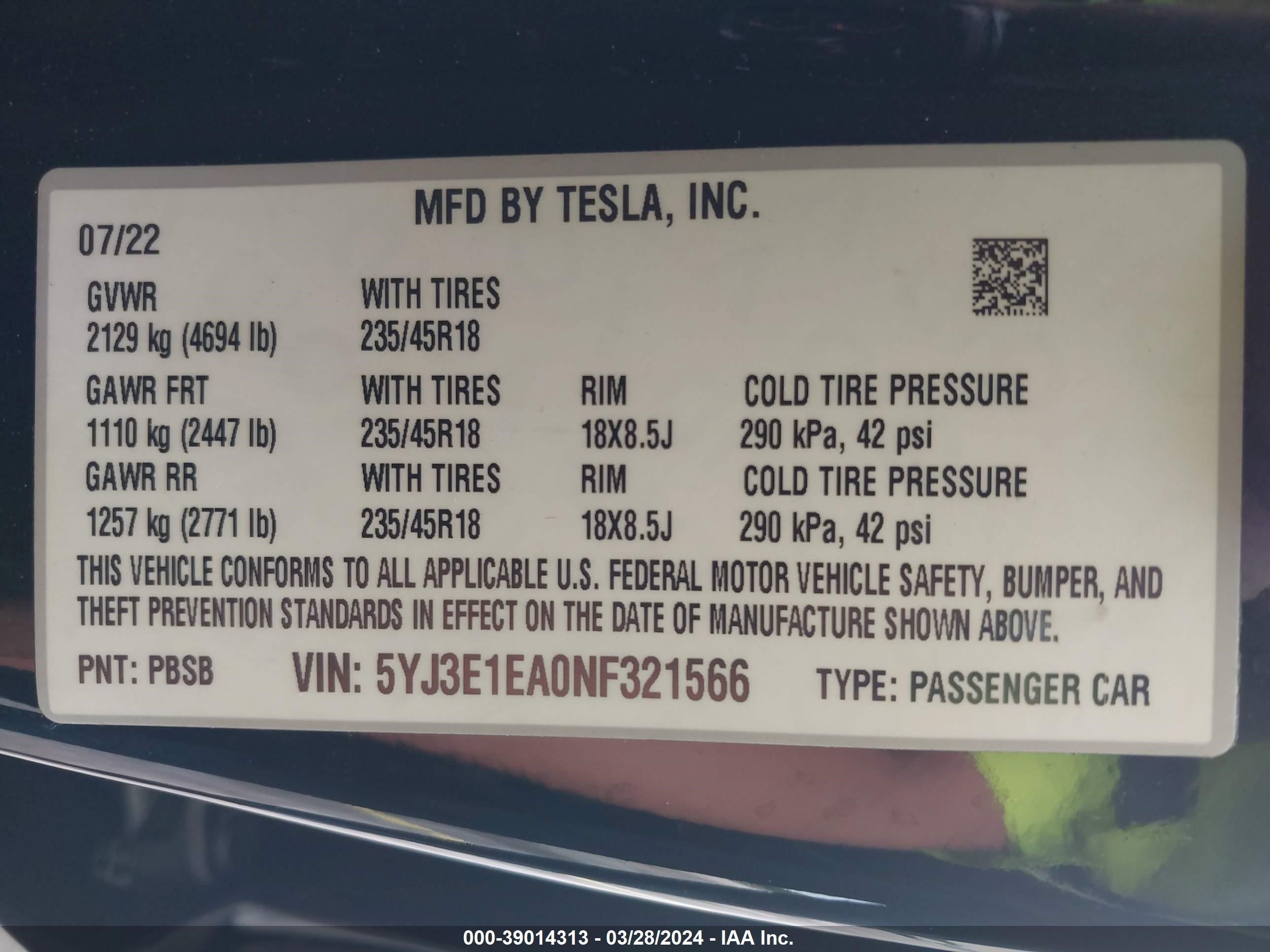 Photo 8 VIN: 5YJ3E1EA0NF321566 - TESLA MODEL 3 