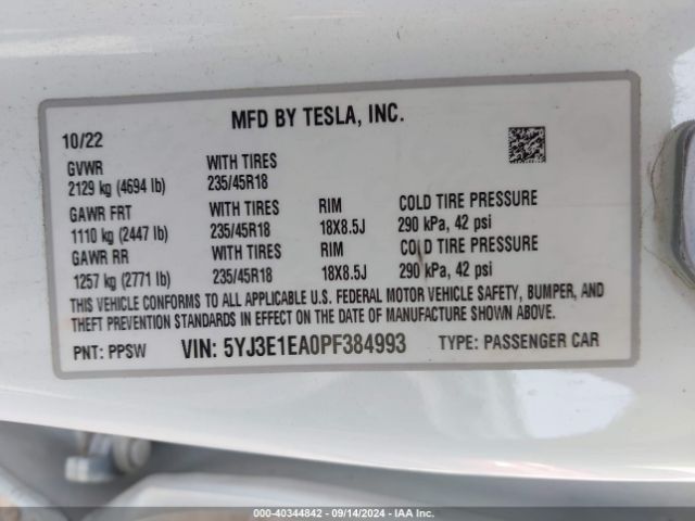 Photo 8 VIN: 5YJ3E1EA0PF384993 - TESLA MODEL 3 