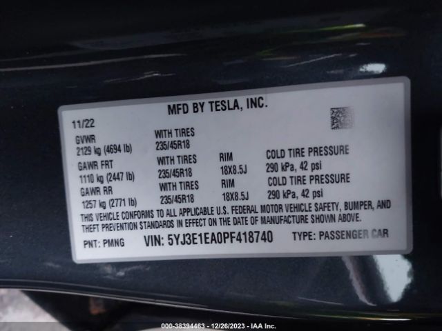 Photo 8 VIN: 5YJ3E1EA0PF418740 - TESLA MODEL 3 