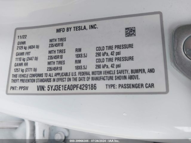 Photo 8 VIN: 5YJ3E1EA0PF429186 - TESLA MODEL 3 