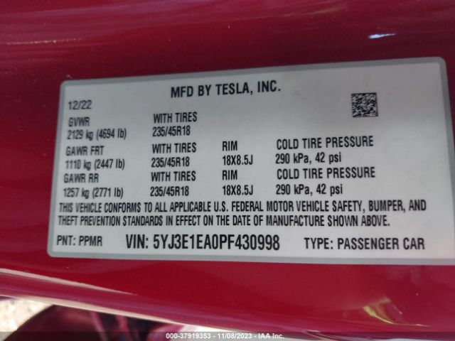 Photo 8 VIN: 5YJ3E1EA0PF430998 - TESLA MODEL 3 