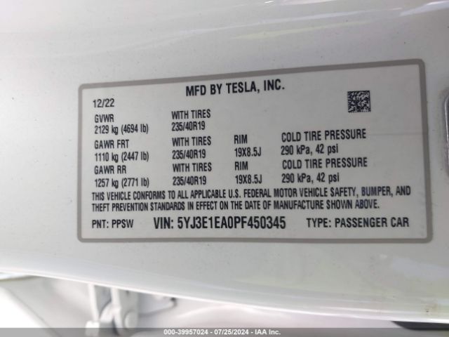 Photo 8 VIN: 5YJ3E1EA0PF450345 - TESLA MODEL 3 