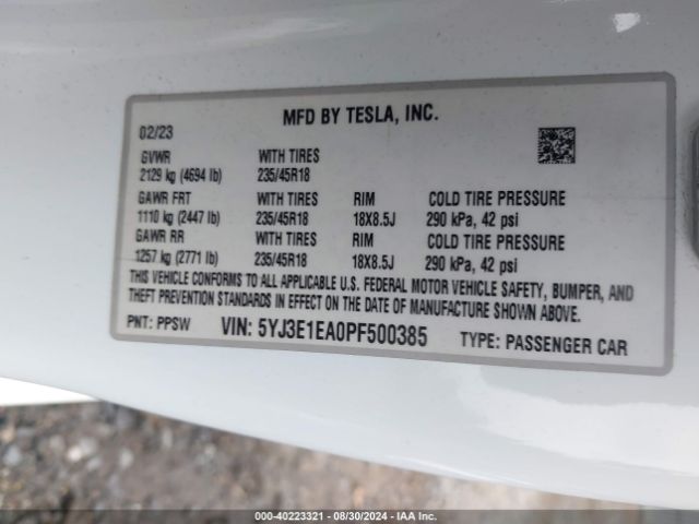 Photo 8 VIN: 5YJ3E1EA0PF500385 - TESLA MODEL 3 