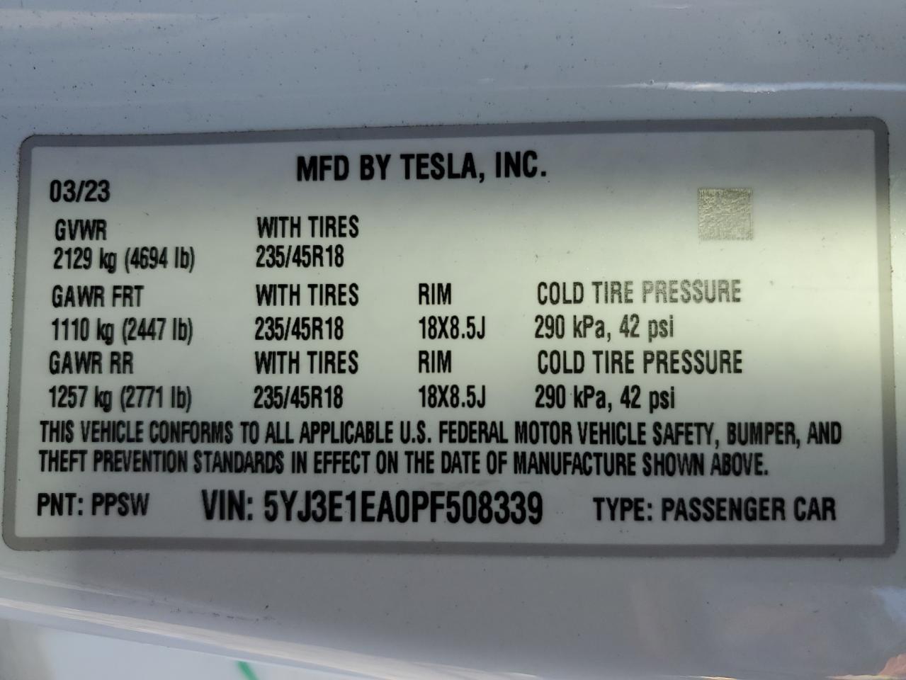 Photo 12 VIN: 5YJ3E1EA0PF508339 - TESLA MODEL 3 