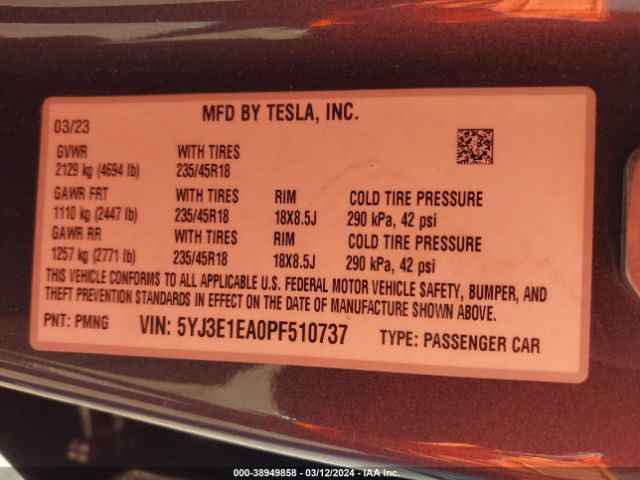 Photo 8 VIN: 5YJ3E1EA0PF510737 - TESLA MODEL 3 