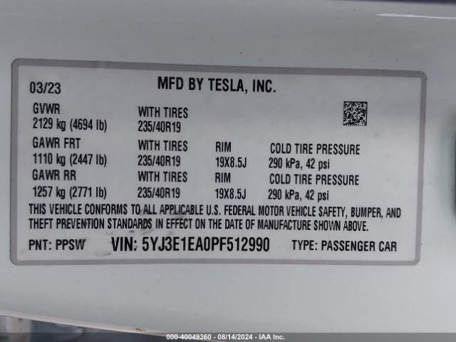 Photo 8 VIN: 5YJ3E1EA0PF512990 - TESLA MODEL 3 