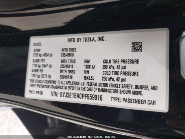 Photo 8 VIN: 5YJ3E1EA0PF559016 - TESLA MODEL 3 