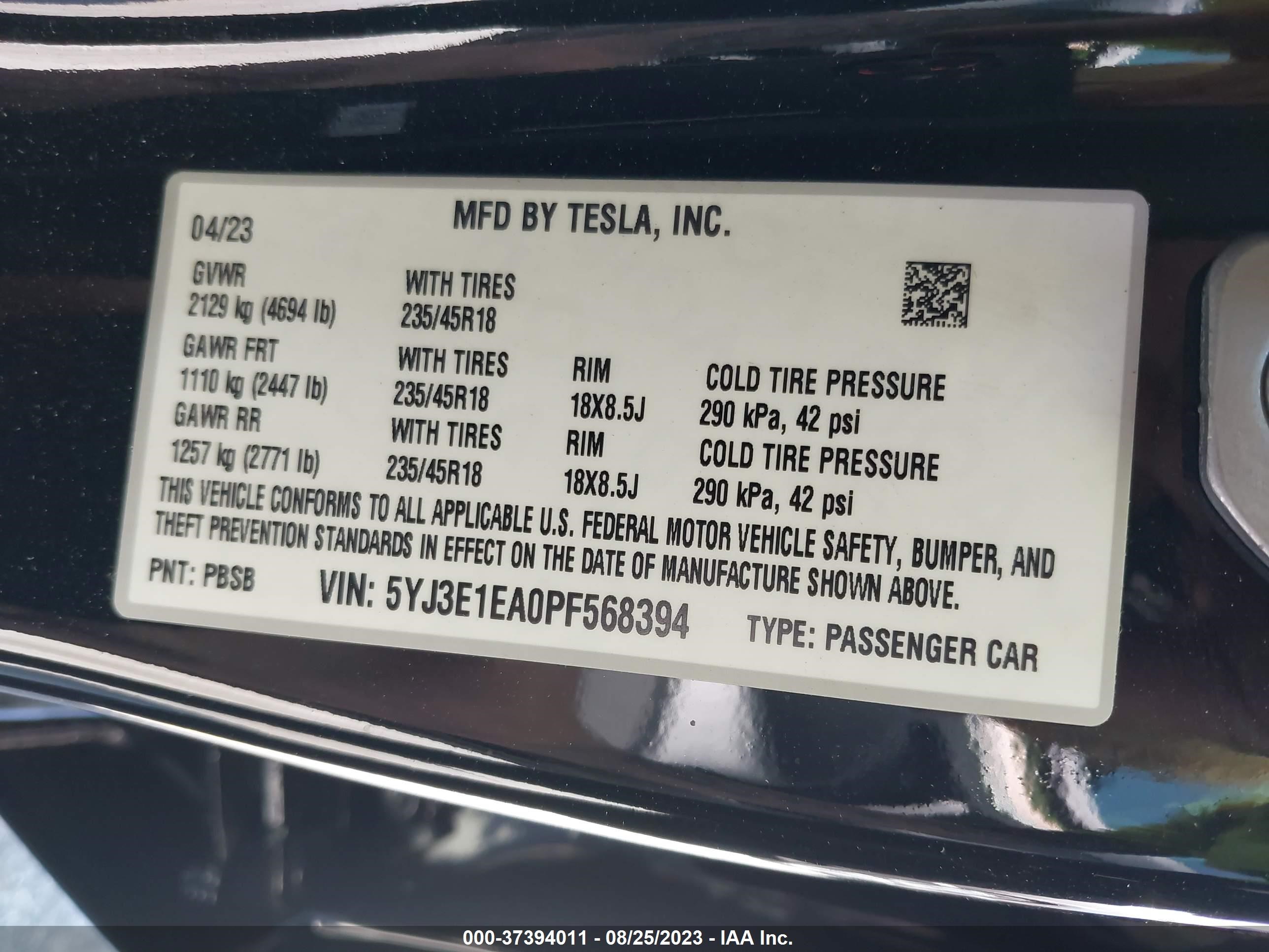 Photo 8 VIN: 5YJ3E1EA0PF568394 - TESLA MODEL 3 