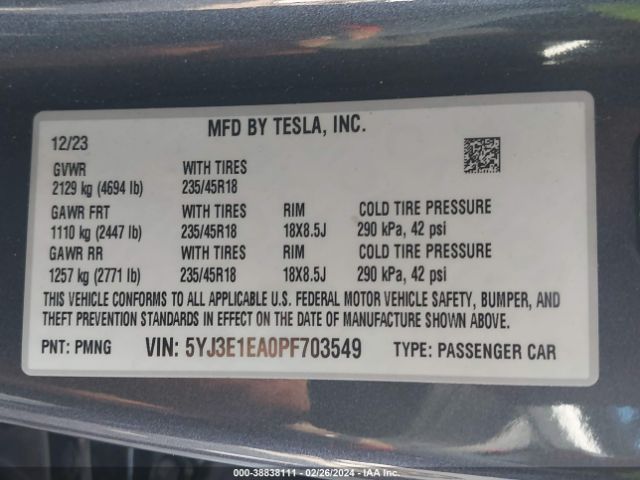 Photo 8 VIN: 5YJ3E1EA0PF703549 - TESLA MODEL 3 