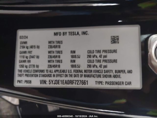 Photo 8 VIN: 5YJ3E1EA0RF727661 - TESLA MODEL 3 