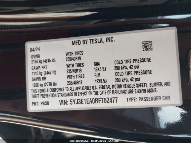 Photo 8 VIN: 5YJ3E1EA0RF752477 - TESLA MODEL 3 